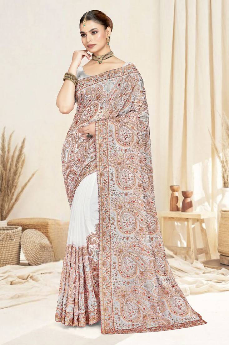 Designer white resham multi kashmiri embroidery work georgette saree