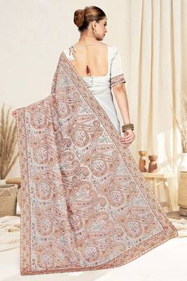 Designer white resham multi kashmiri embroidery work georgette saree 2