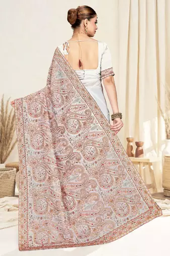 Designer white resham multi kashmiri embroidery work georgette saree