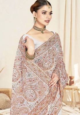 Designer white resham multi kashmiri embroidery work georgette saree 3
