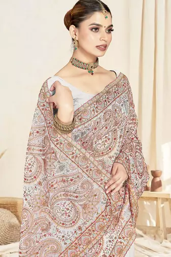 Designer white resham multi kashmiri embroidery work georgette saree