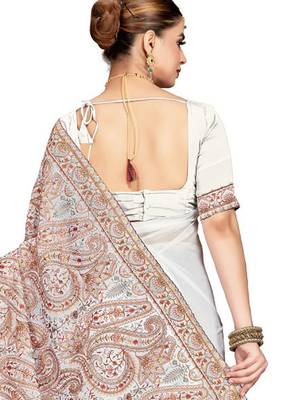 Designer white resham multi kashmiri embroidery work georgette saree 4