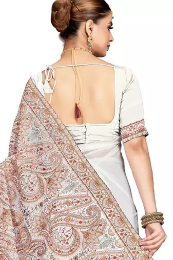 Designer white resham multi kashmiri embroidery work georgette saree
