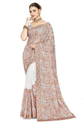 Designer white resham multi kashmiri embroidery work georgette saree 5