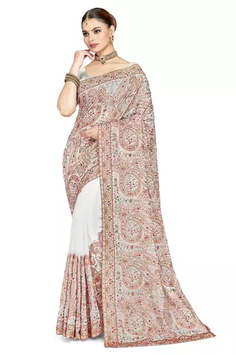 Designer white resham multi kashmiri embroidery work georgette saree