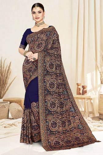 Designer navy blue resham multi kashmiri embroidery work georgette saree