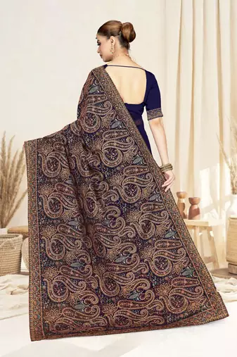 Designer navy blue resham multi kashmiri embroidery work georgette saree