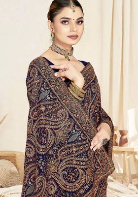 Designer navy blue resham multi kashmiri embroidery work georgette saree 3