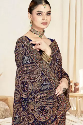 Designer navy blue resham multi kashmiri embroidery work georgette saree