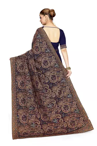 Designer navy blue resham multi kashmiri embroidery work georgette saree