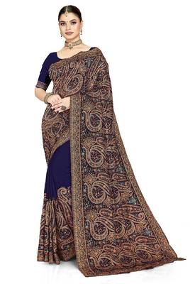Designer navy blue resham multi kashmiri embroidery work georgette saree 5