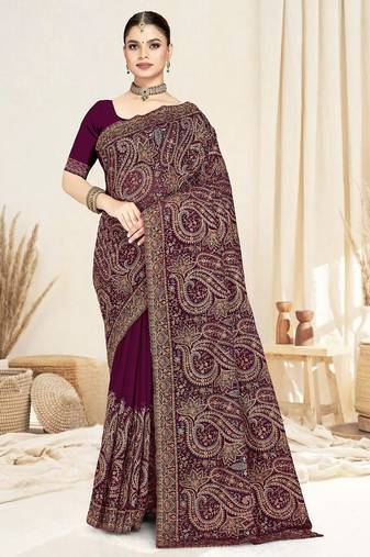 Designer wine resham multi kashmiri embroidery work georgette saree