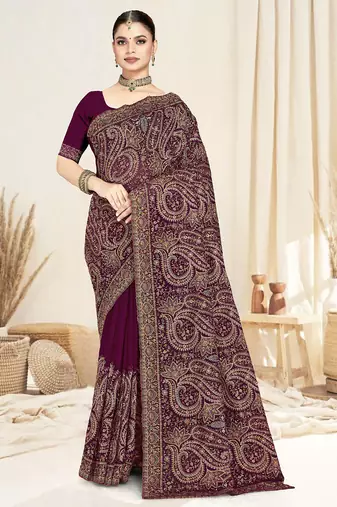 Designer wine resham multi kashmiri embroidery work georgette saree