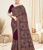 Designer wine resham multi kashmiri embroidery work georgette saree