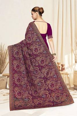 Designer wine resham multi kashmiri embroidery work georgette saree 2