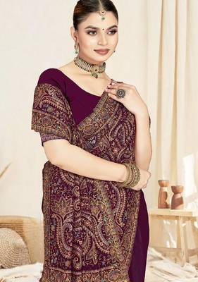 Designer wine resham multi kashmiri embroidery work georgette saree 3