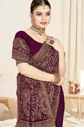 Designer wine resham multi kashmiri embroidery work georgette saree