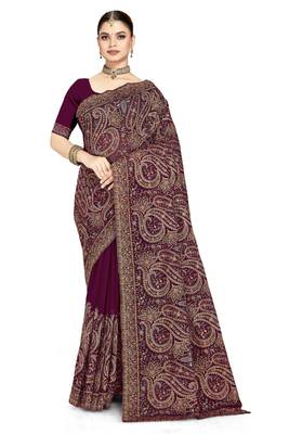 Designer wine resham multi kashmiri embroidery work georgette saree 5