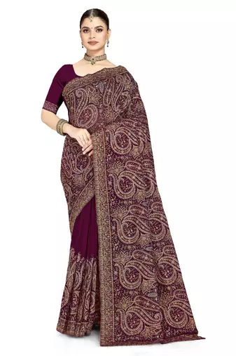 Designer wine resham multi kashmiri embroidery work georgette saree