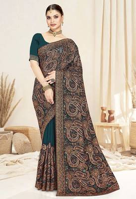 Designer teal blue resham multi kashmiri embroidery work georgette saree 1