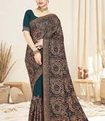 Designer teal blue resham multi kashmiri embroidery work georgette saree