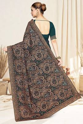 Designer teal blue resham multi kashmiri embroidery work georgette saree 2