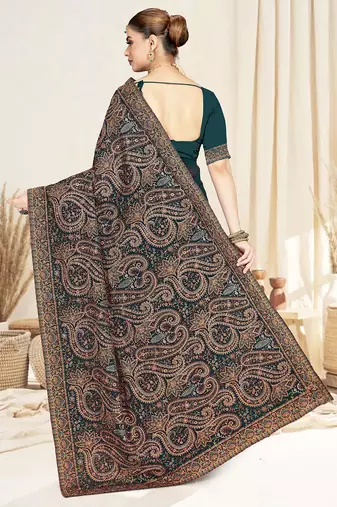 Designer teal blue resham multi kashmiri embroidery work georgette saree