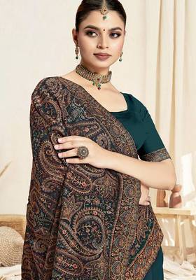Designer teal blue resham multi kashmiri embroidery work georgette saree 3