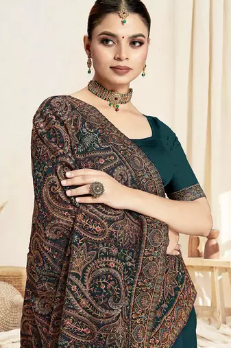 Designer teal blue resham multi kashmiri embroidery work georgette saree