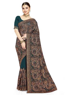Designer teal blue resham multi kashmiri embroidery work georgette saree 5