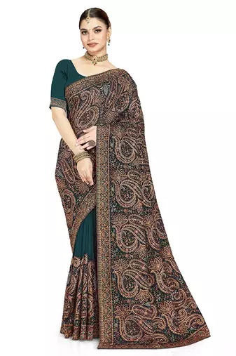 Designer teal blue resham multi kashmiri embroidery work georgette saree