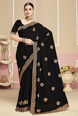 Designer black heavy coding zarkan embroidery georgette saree 1