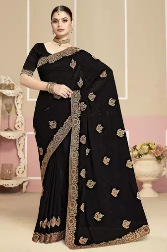 Designer black heavy coding zarkan embroidery georgette saree