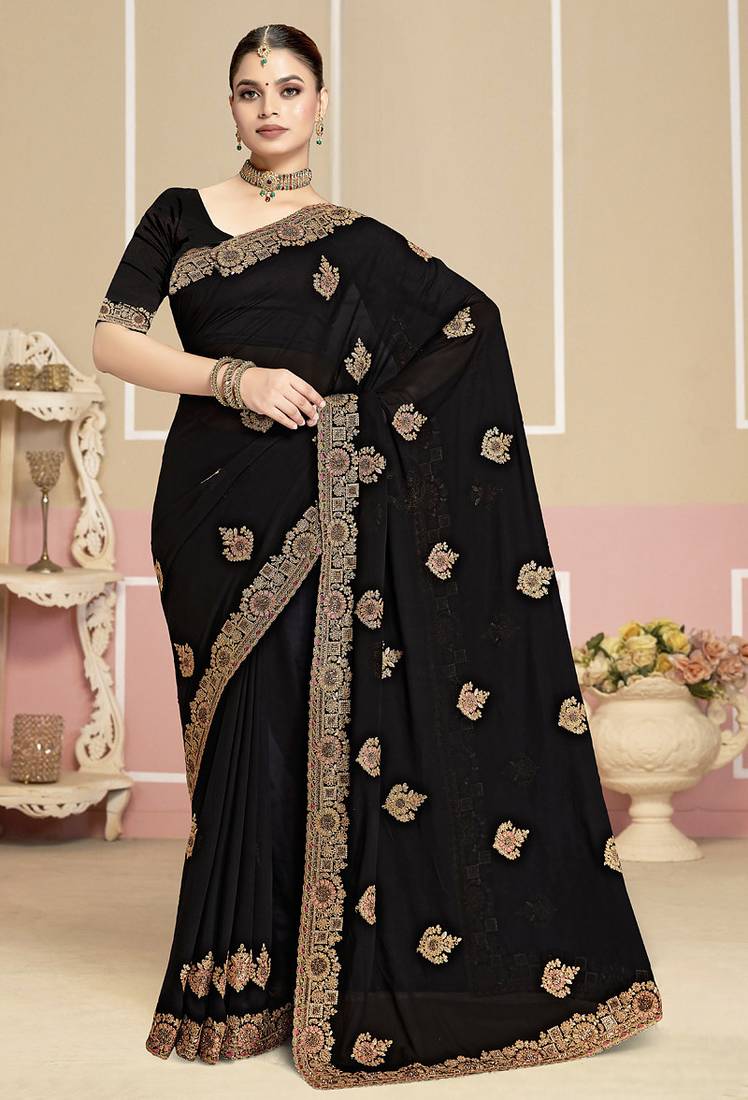 Designer black heavy coding zarkan embroidery georgette saree