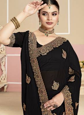 Designer black heavy coding zarkan embroidery georgette saree 3