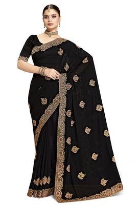 Designer black heavy coding zarkan embroidery georgette saree 5