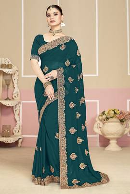 Designer teal blue coding zarkan embroidery georgette saree 1