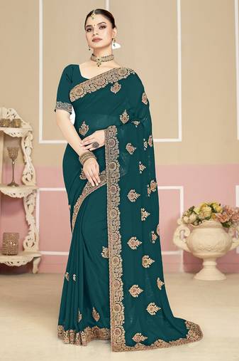 Designer teal blue coding zarkan embroidery georgette saree