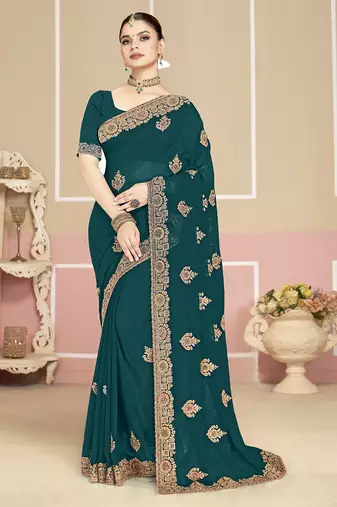 Designer teal blue coding zarkan embroidery georgette saree