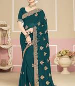 Designer teal blue coding zarkan embroidery georgette saree