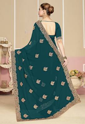 Designer teal blue coding zarkan embroidery georgette saree 2