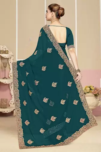 Designer teal blue coding zarkan embroidery georgette saree