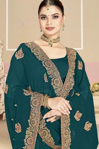 Designer teal blue coding zarkan embroidery georgette saree