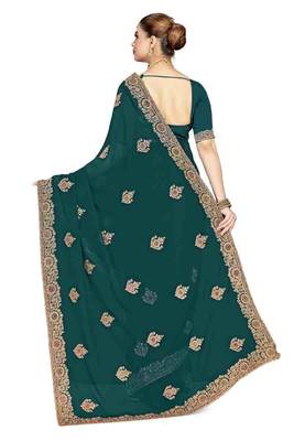 Designer teal blue coding zarkan embroidery georgette saree 4