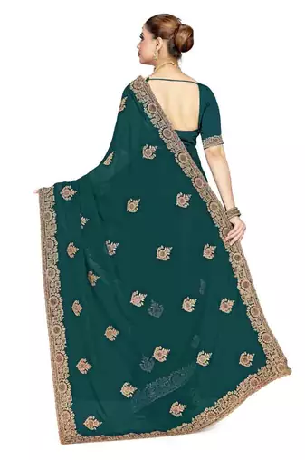 Designer teal blue coding zarkan embroidery georgette saree