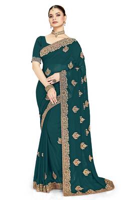 Designer teal blue coding zarkan embroidery georgette saree 5