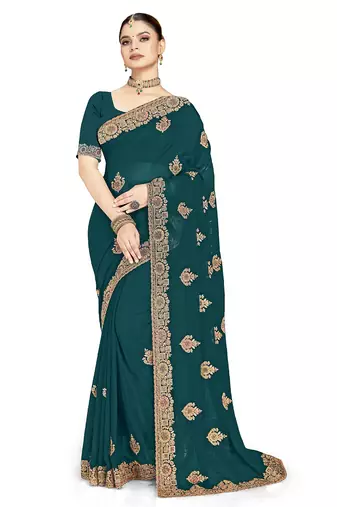 Designer teal blue coding zarkan embroidery georgette saree