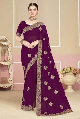 Designer wine coding zarkan embroidery georgette saree 1