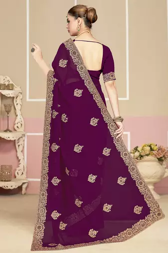 Designer wine coding zarkan embroidery georgette saree