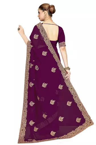 Designer wine coding zarkan embroidery georgette saree
